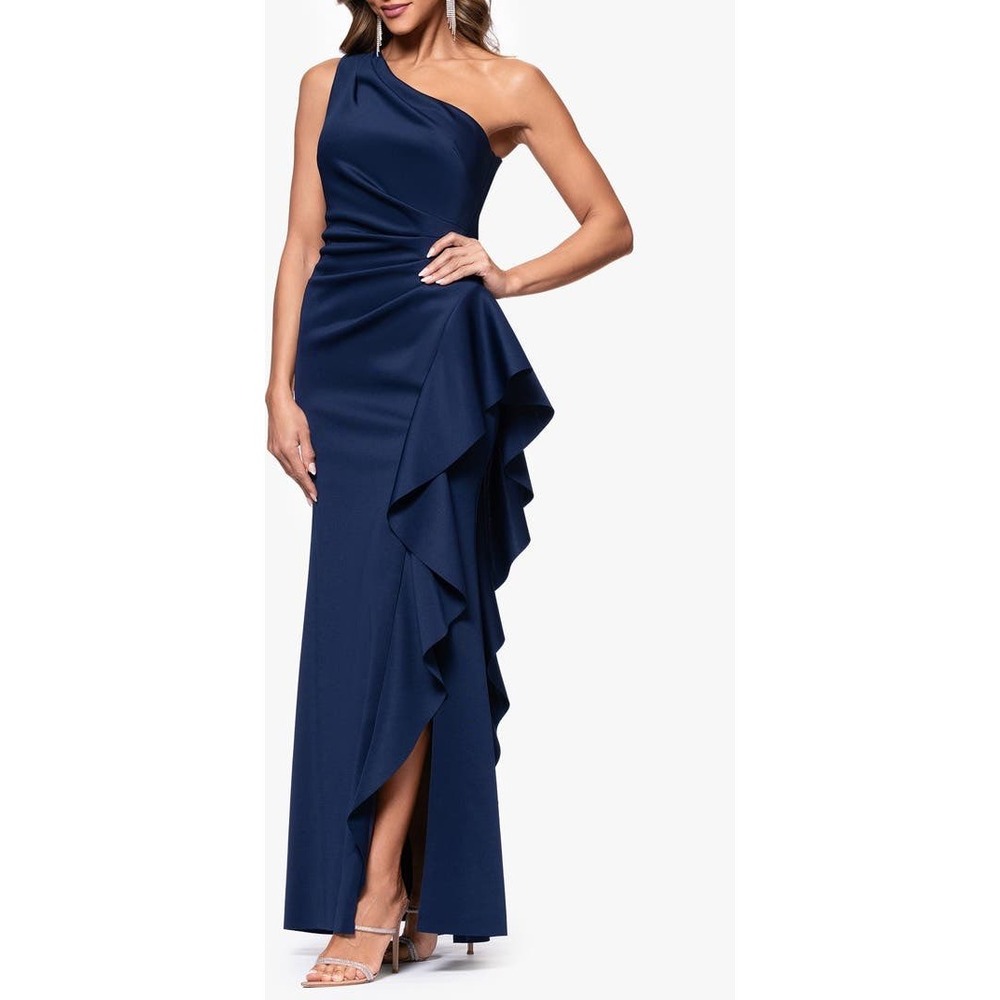 Xscape Womens One Shoulder Ruffle Gown‎ Midnight Navy Blue Formal Dress Size 4